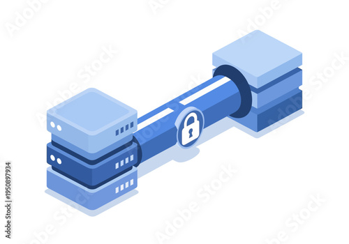 Secure network connection concept with data servers and padlock icon representing cybersecurity and data protection