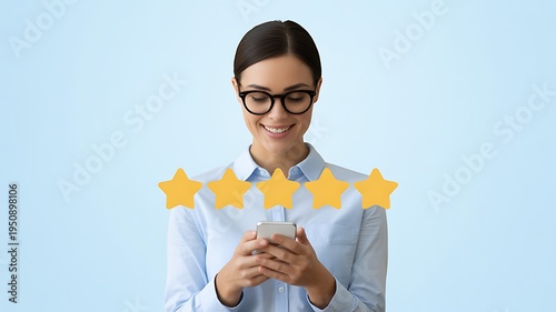 Woman with glasses smiling and holding a phone with a five star rating