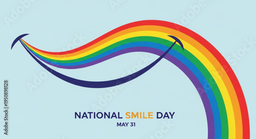 Vibrant rainbow graphic for national smile day on may 31st with smiling face emblem