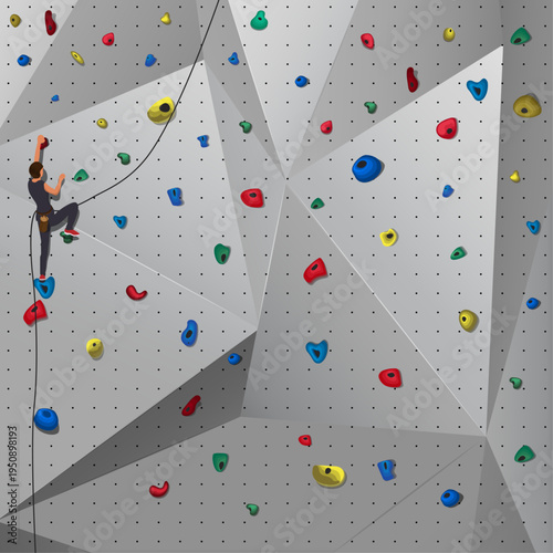 Man Climbing Indoor Bouldering Wall with Colorful Grips, Extreme Sport and Fitness Challenge Concept, Flat Vector Illustration of Rock Climber Training on Artificial Wall
