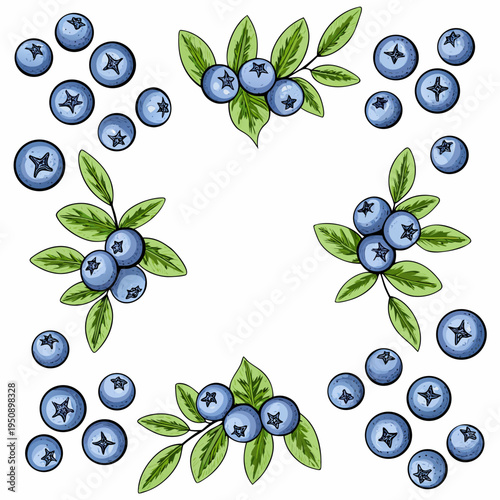 Watercolor illustration of blueberries with leaves arranged in a circular pattern