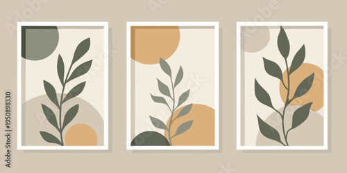 Abstract botanical wall art with geometric shapes and neutral tones