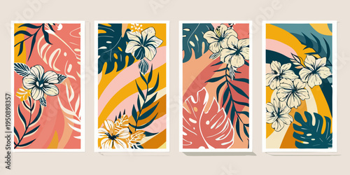 Four botanical wall art panels with tropical leaves and flowers