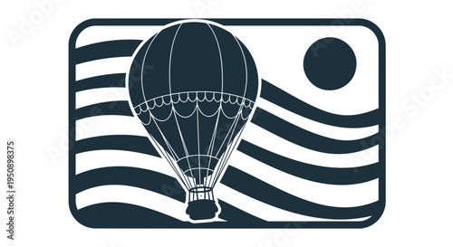 Vector hot air balloon icon with striped background and moon