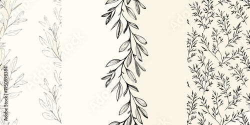 Elegant botanical illustration featuring delicate hand drawn leafy branches