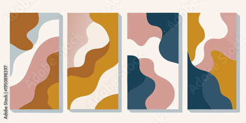 Abstract geometric art featuring flowing shapes and muted color palettes