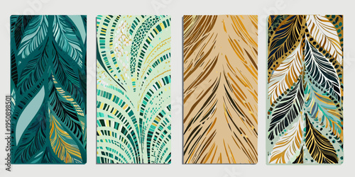 Four decorative panels featuring stylized feather and botanical designs