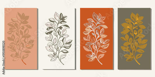 Abstract botanical wall art featuring four panels with leafy branches