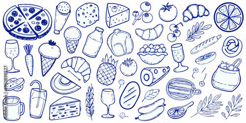 Hand drawn sketch of various food items including fruits pastries and cheese