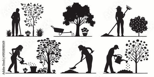 Silhouettes of gardeners tending to trees and plants in a garden