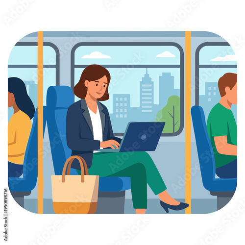 Woman working on laptop while commuting on a train with people around