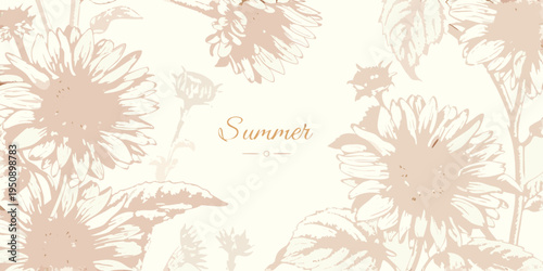 Delicate botanical illustration featuring sunflowers and summer floral arrangements