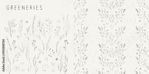Delicate botanical illustration of various grasses and wildflowers arranged vertically