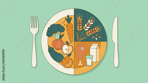 Healthy Eating Plate with Balanced Food Groups and Cutlery