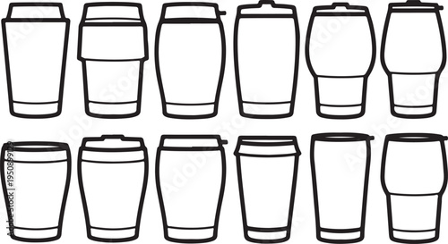 Assorted coffee cups and travel mugs displayed in a grid layout Vector