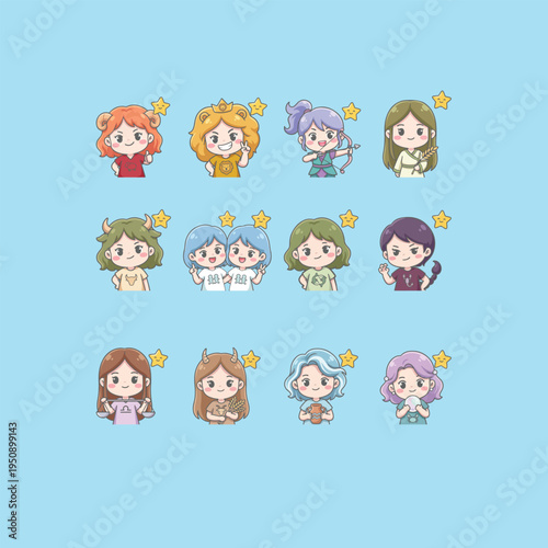cute girl zodiac set illustration