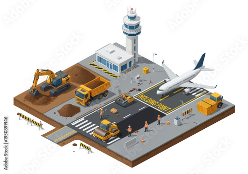 Isometric illustration of airport runway construction and maintenance with excavators and trucks