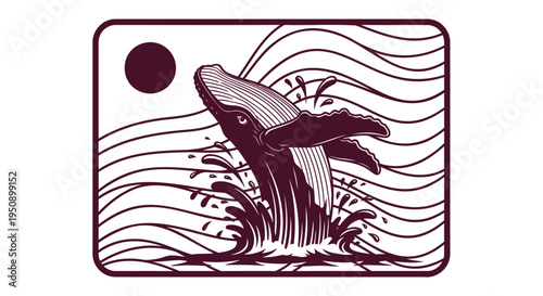 Vector illustration of whale jumping out of wavy ocean water with sun