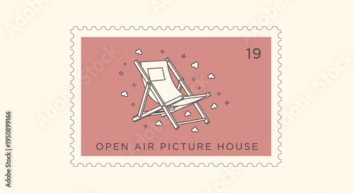 Vector illustration of a deck chair on a pink postage stamp