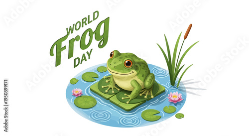 Vector illustration of a green frog sitting on a lily pad in a pond with cattails and water lilies on World Frog Day, promoting amphibian conservation awareness with a natural and earthy