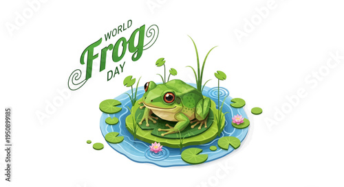 Vector illustration of a green frog sitting on a lily pad in water with 'World Frog Day' text, surrounded by lily pads and flowers.