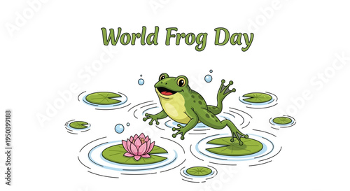 Vector illustration of a smiling frog on a lily pad with a pink lotus flower for World Frog Day, promoting amphibian conservation awareness with a playful and eco-friendly design.