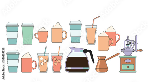 Various Coffee Cups, Beverages, and Brewing Tools Vector Set