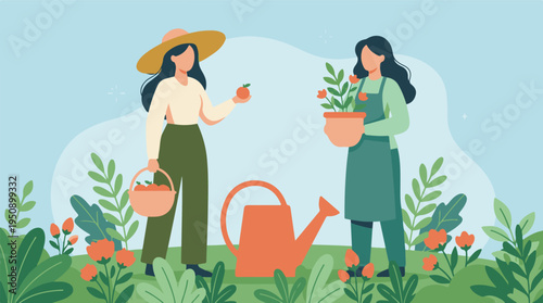Two women gardeners harvesting oranges and tending plants in a vibrant garden.