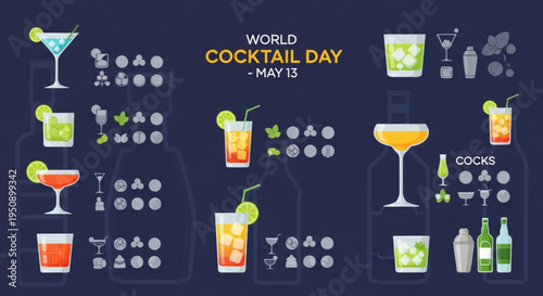 World cocktail day may 13 illustration with various colorful cocktails and mixology elements on dark background