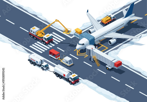 Airport operations during winter de-icing, refueling, and aircraft boarding services
