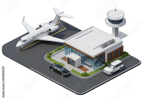 Modern private jet terminal with luxury vehicles and aircraft on tarmac