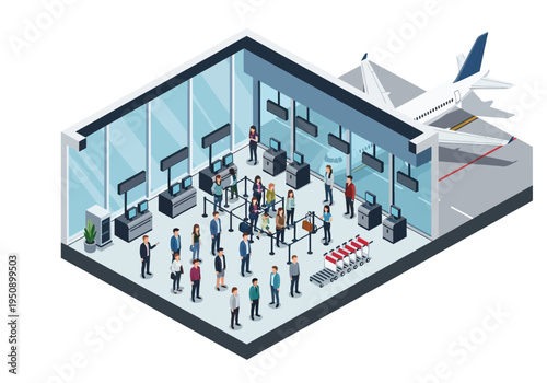 Isometric view of a busy airport check-in counter with passengers queuing and an airplane visible outside