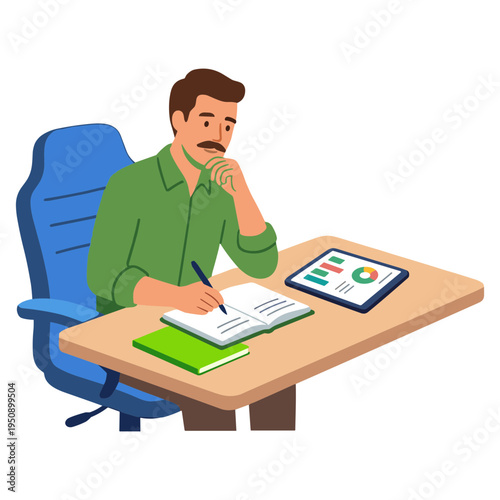 Man sitting at desk working on documents with tablet nearby