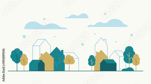 Minimalist flat design townscape illustration with houses, trees, and clouds