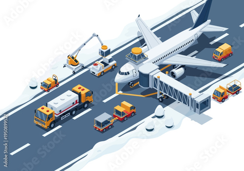 Ground support equipment servicing airplane at airport tarmac during winter season