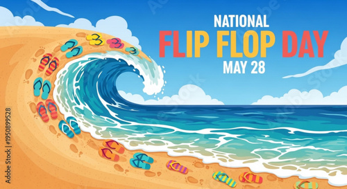 National flip flop day on may 28 colorful beach scene with wave and flip flops on sand