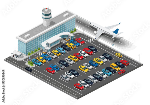 Modern airport parking lot with many cars and airplane at terminal building