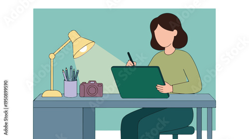 Creative woman drawing on digital tablet at home office desk