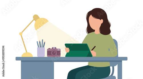 Woman working on digital tablet at a desk with lamp, pencils, and camera