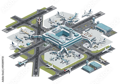 Modern International Airport Terminal with Planes and Runways, an Aerial View
