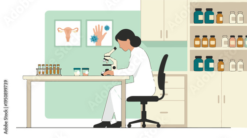 Female Scientist Conducting Medical Research with Microscope in Laboratory