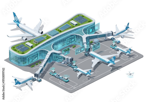 Futuristic airport with sustainable energy and advanced technology for smart travel