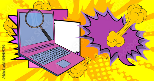 Cartoon Laptop, comic book Notebook with Magnifying glass. Retro vector comics pop art design.