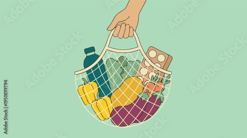 Hand holding eco-friendly mesh bag with fresh groceries on a green background