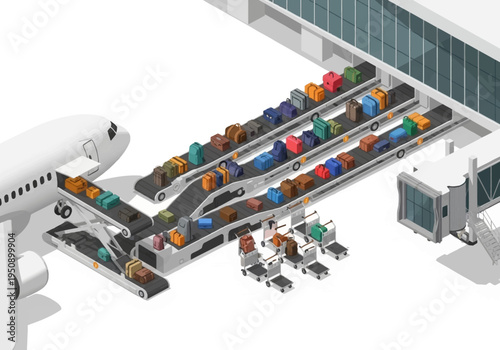 Airport luggage handling system loading bags onto a plane via conveyor belts at a jet bridge