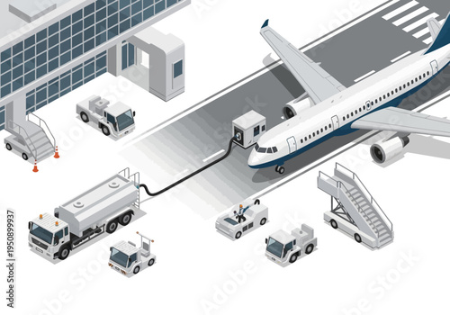 Airport ground services and aircraft refueling operations with detailed isometric illustration