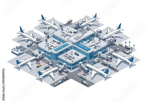 Isometric illustration of a modern airport terminal with planes on the tarmac and vehicles on the ground