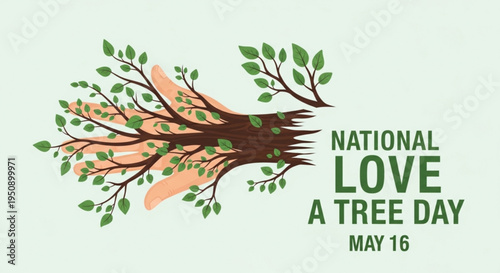Hand holding tree stump with green leaves on national love a tree day may 16