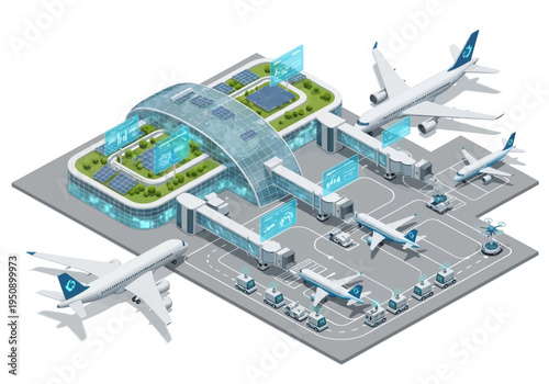 Modern airport with airplanes, jet bridges, and automated transport systems, showcasing sustainable infrastructure and technology