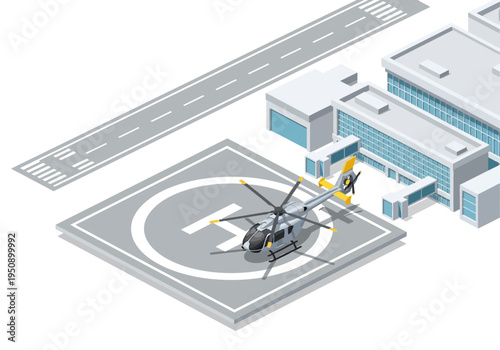 Modern airport terminal with helipad and helicopter, aerial view illustration